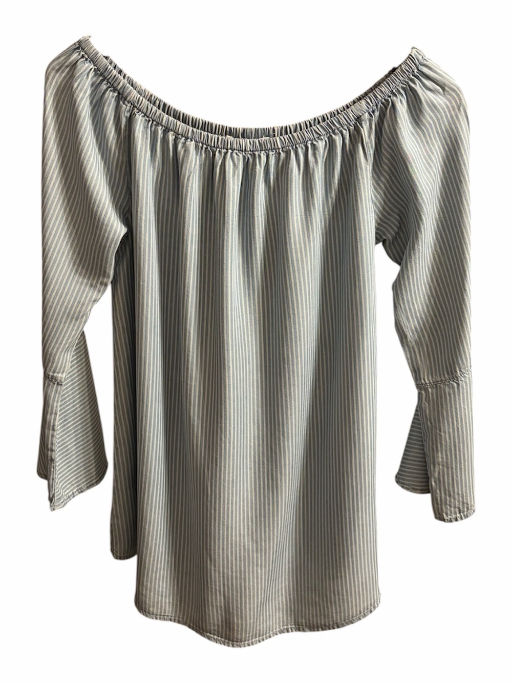 NWOT BeachLunchLounge Off-Shoulder Bell-Sleeve Top - Light Blue Stripe Small - Picture 2 of 4